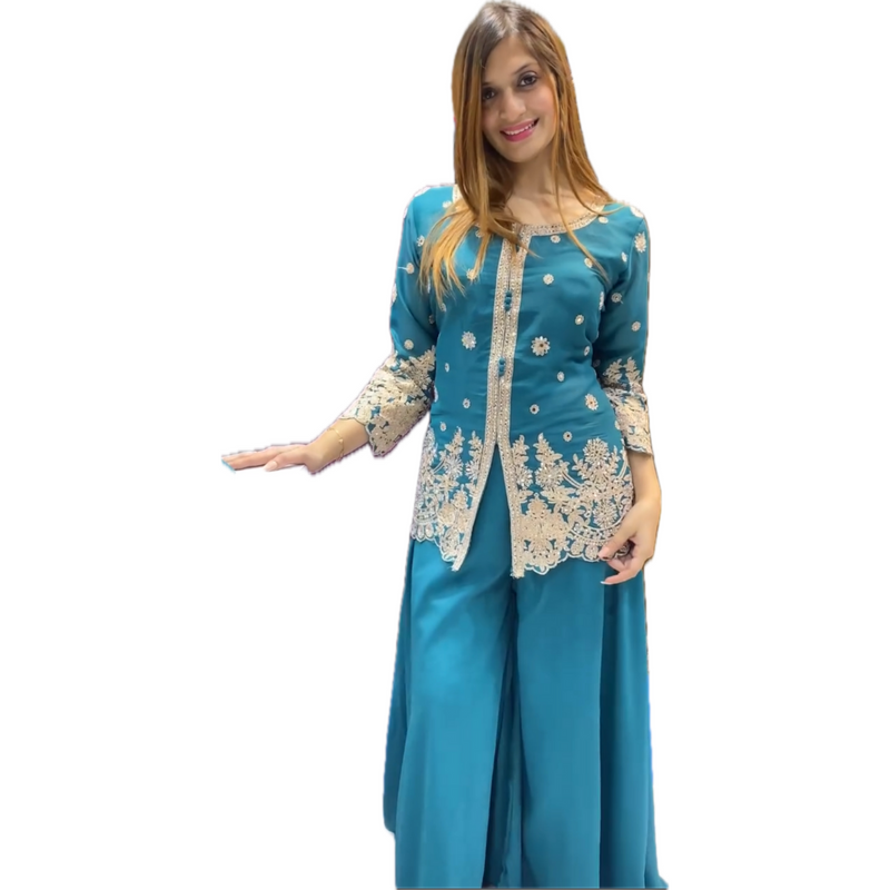 Regal Teal Embroidered Sharara Suit