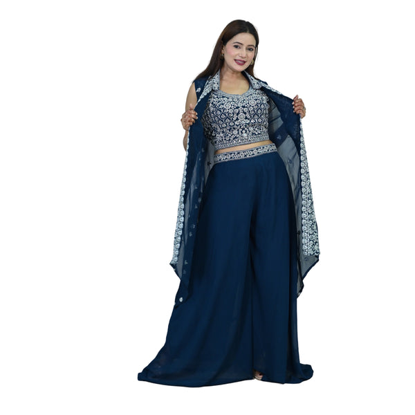 Blue Dress with Silver Thread Work Jacket & Palazzo Pants