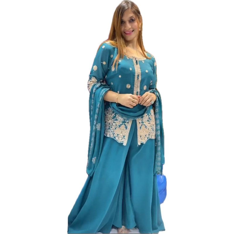 Regal Teal Embroidered Sharara Suit