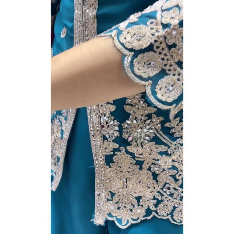 Regal Teal Embroidered Sharara Suit