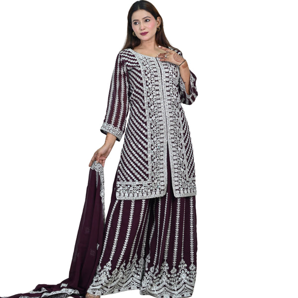 Maroon Kurti-Style Dress with Silver Thread Work & Embroidered Dupatta