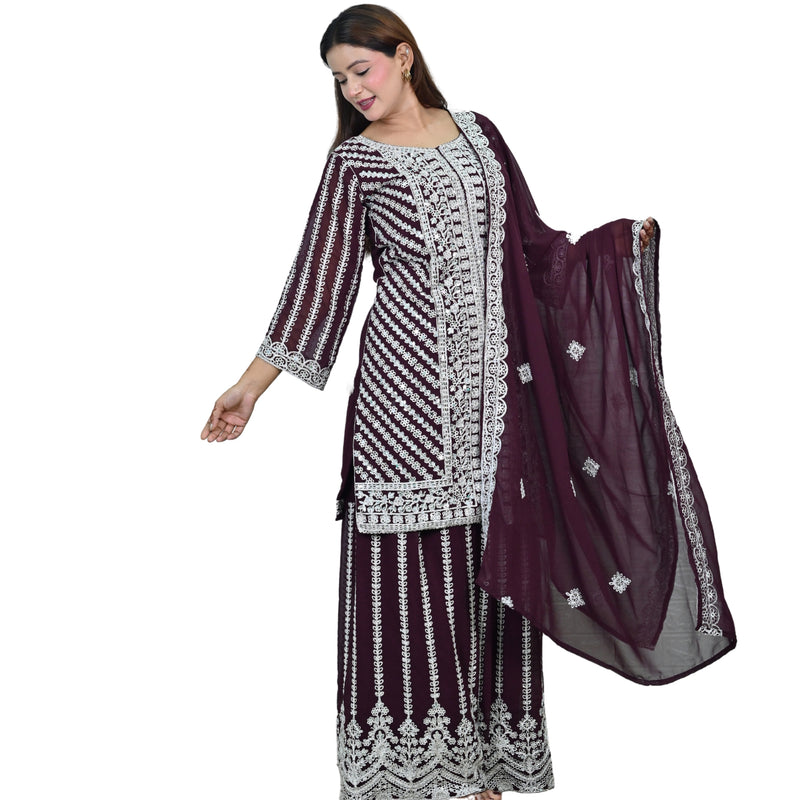 Maroon Kurti-Style Dress with Silver Thread Work & Embroidered Dupatta