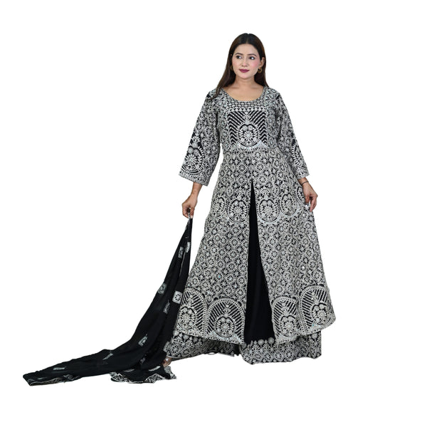 Embroidered Kurti with Silver Lace Dupatta Set