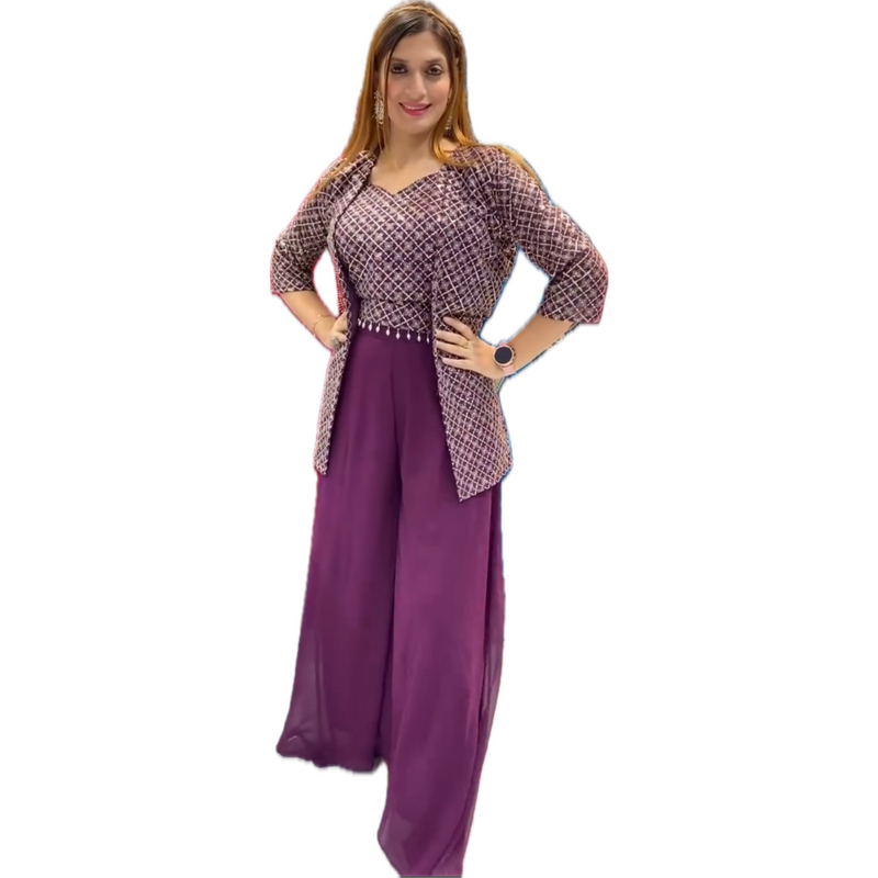 Plum Geometric Pattern Embroidered Co-Ord Set