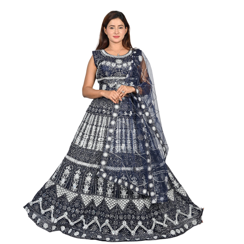 Celestial Blue Net Lehenga Set with Silver Embroidery