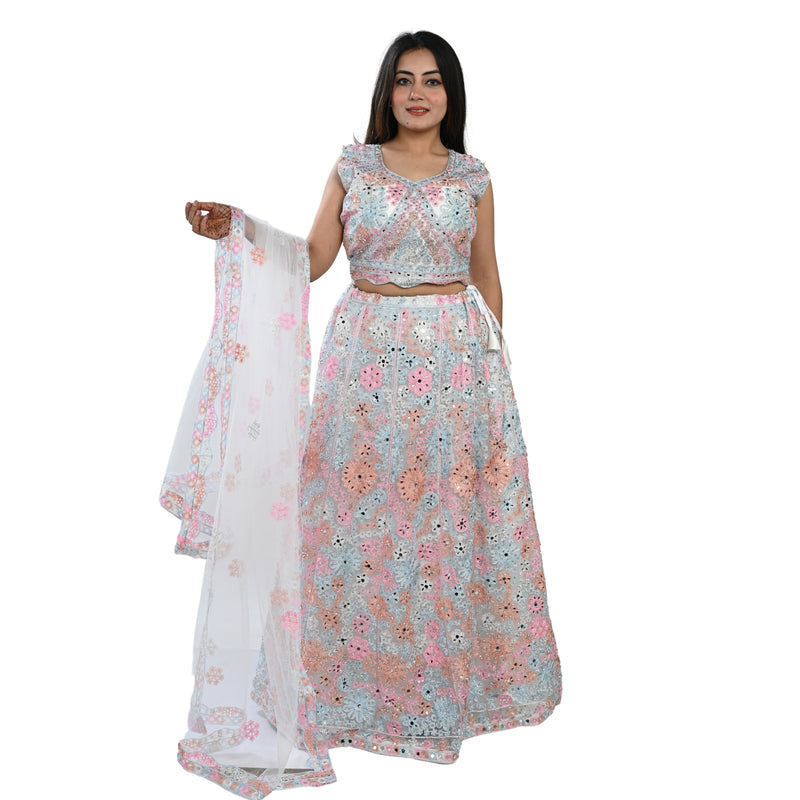 Blush Pink Floral Embroidered Net Lehenga Set