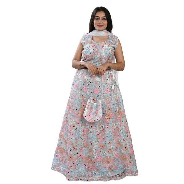 Blush Pink Floral Embroidered Net Lehenga Set