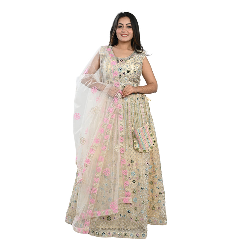 Off-White Floral Embroidered Net Lehenga Set