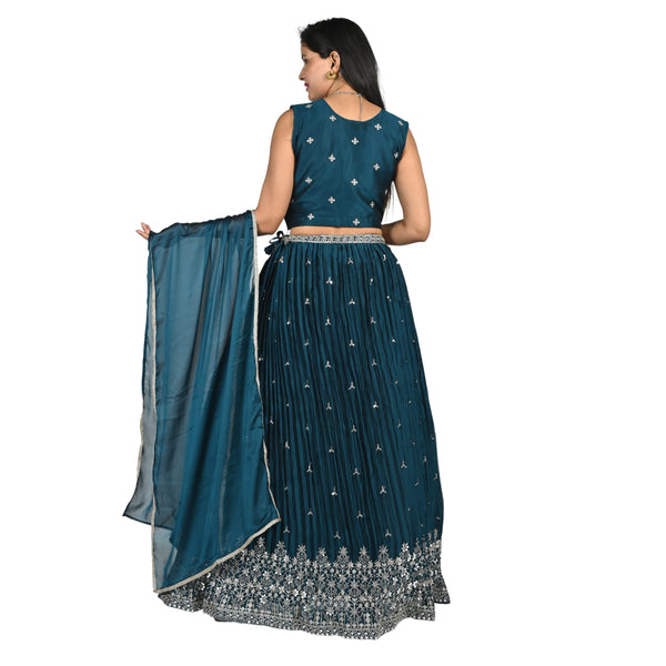 Teal Blue and Silver Embroidered Lehenga Set