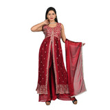 Elegant Red Front Slit Anarkali Suit with Silver Sequin and Zari Embroidery