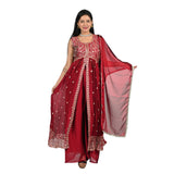 Elegant Red Front Slit Anarkali Suit with Silver Sequin and Zari Embroidery