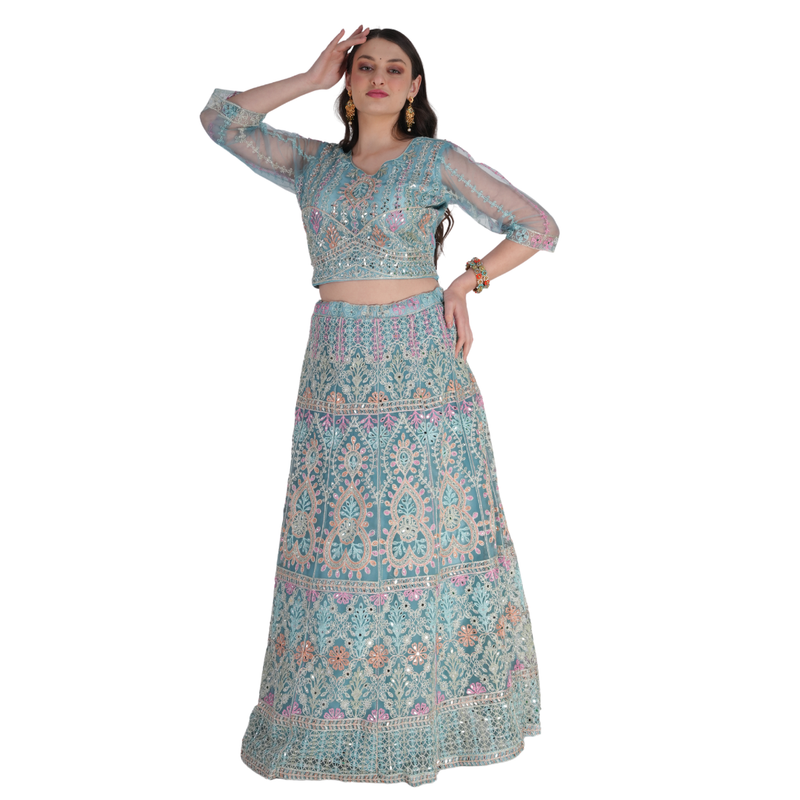 Aqua Blue Ethnic Embroidered Lehenga Set