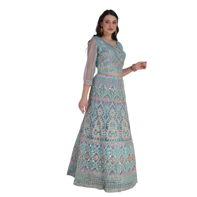 Aqua Blue Ethnic Embroidered Lehenga Set