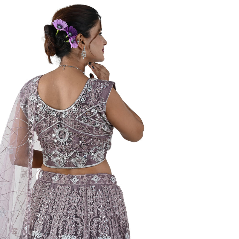 Pink Net Lehenga with Floral Embroidery