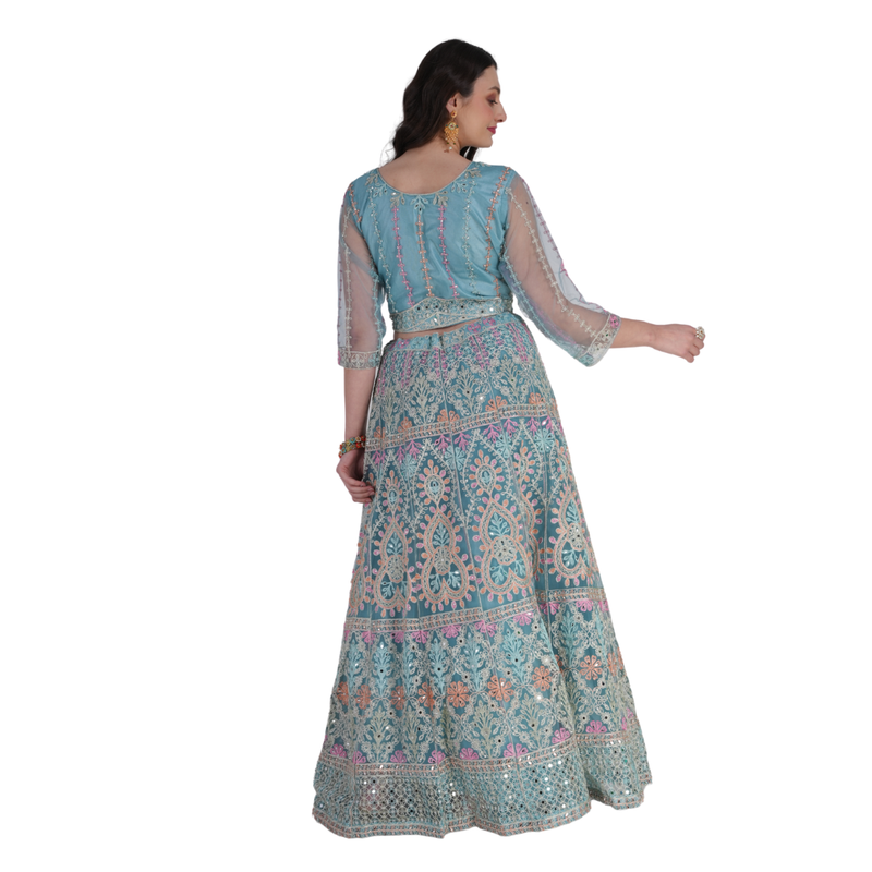 Aqua Blue Ethnic Embroidered Lehenga Set