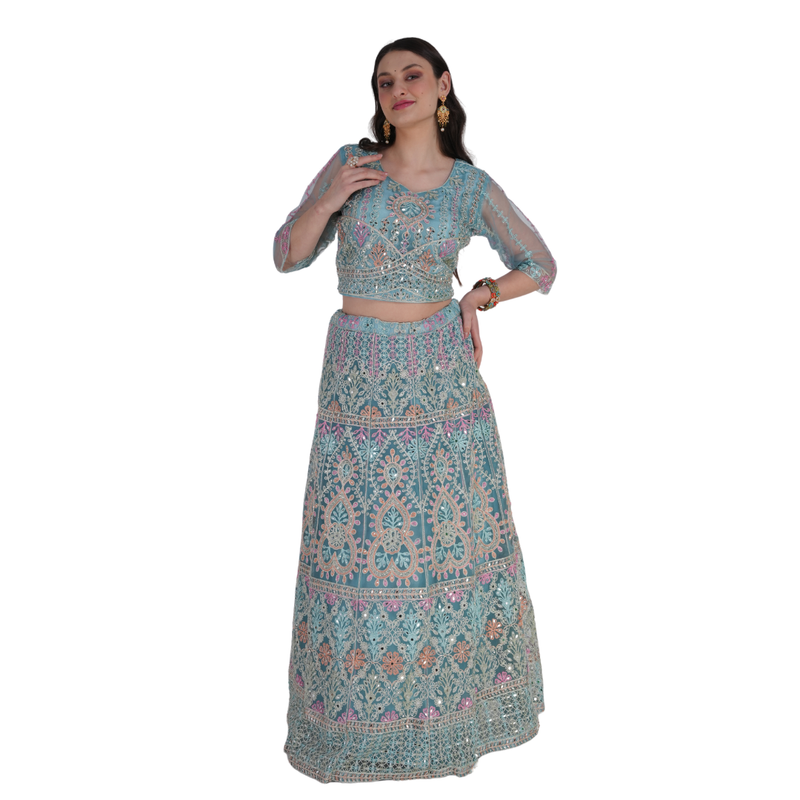 Aqua Blue Ethnic Embroidered Lehenga Set