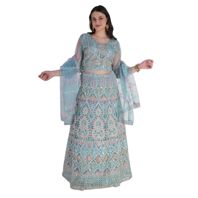 Aqua Blue Ethnic Embroidered Lehenga Set