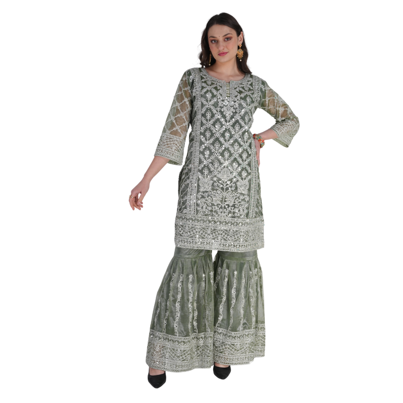 Olive Green Ethnic Embroidered Sharara Set