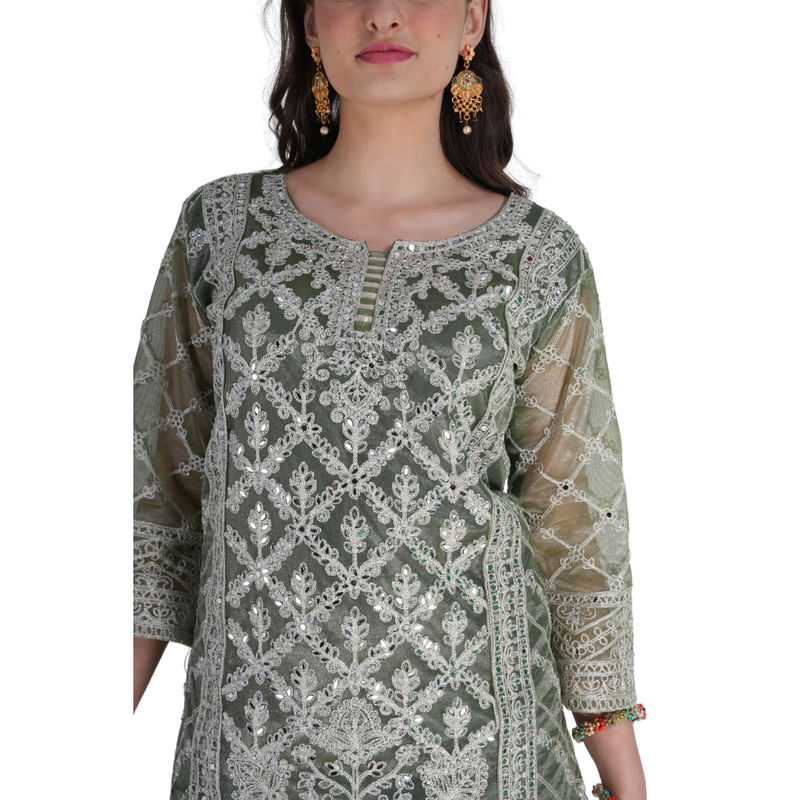 Olive Green Ethnic Embroidered Sharara Set