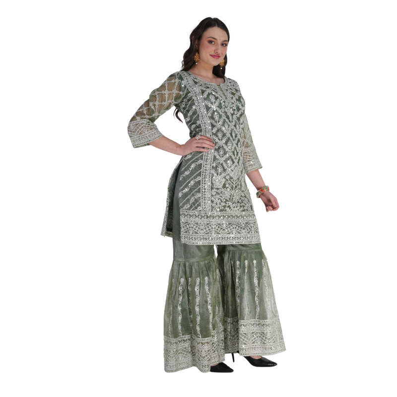 Olive Green Ethnic Embroidered Sharara Set