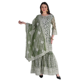 Olive Green Ethnic Embroidered Sharara Set