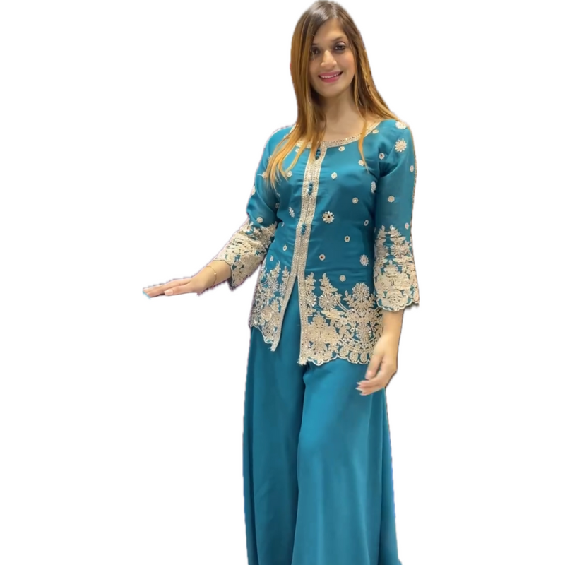 Regal Teal Embroidered Sharara Suit