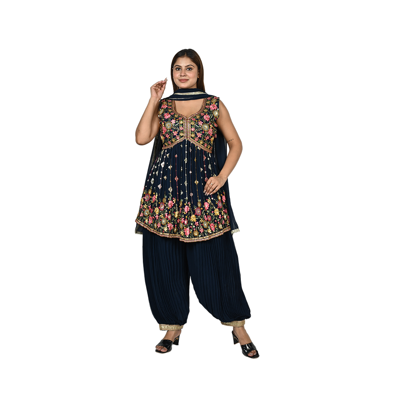 Midnight Blossom Georgette Sequin Embroidery Kurti Set